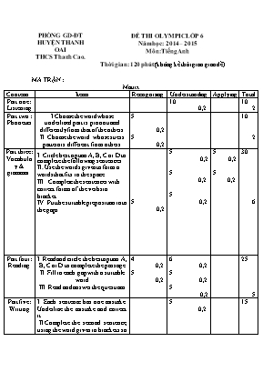 Đề thi Olympic môn Tiếng Anh Lớp 6 - Năm học 2014-2015 - Trường THCS Thanh Cao (Có đáp án)